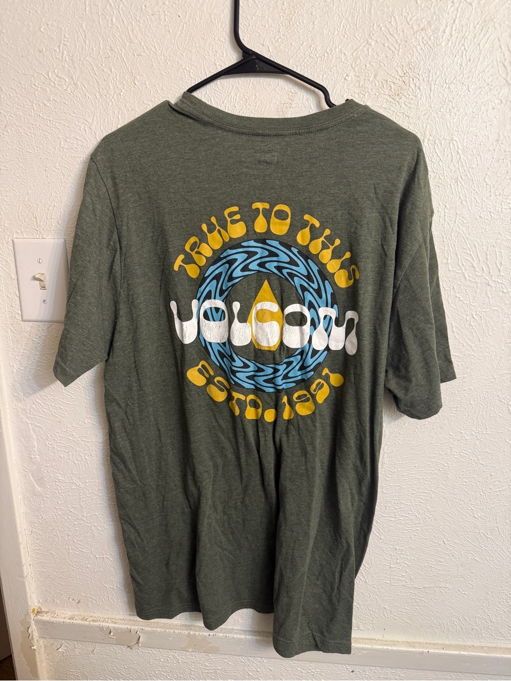 Volcom Olive Green Graphic Back Logo Tee with Blue & Yellow Accents